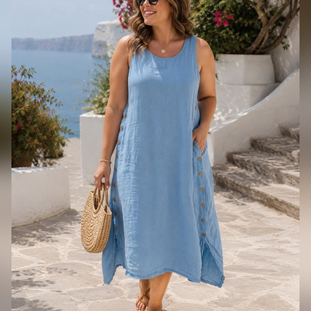 Laura Gotti 100% Linen Light Blue Sleeveless Midi Dress Plus Size 1X